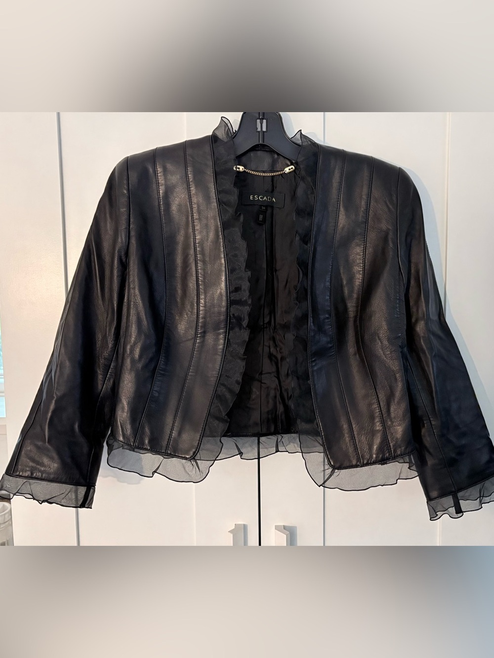 Escada Vintage Black Leather Jacket with Ruffle Trim. Size 34